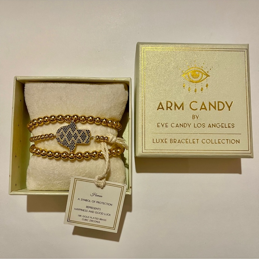 NWT Eye Candy Hamsa Hand Gold Bead Bracelet Set